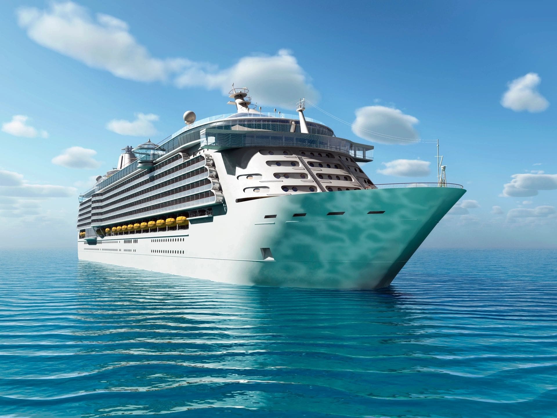 A large cruise ship in the ocean with blue skies above.