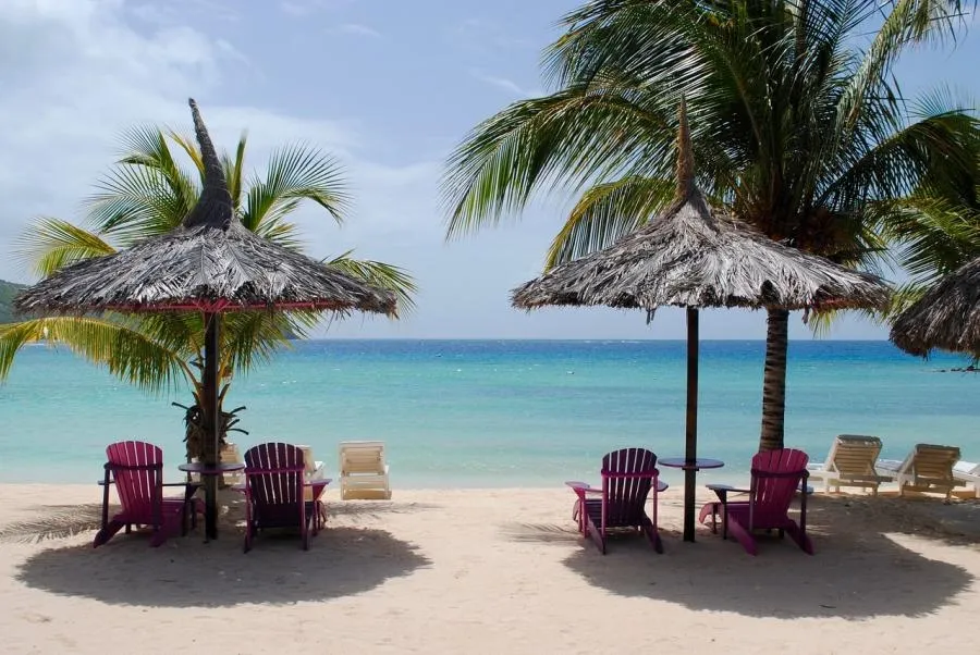 A beach with chairs and umbrellas on the sand.