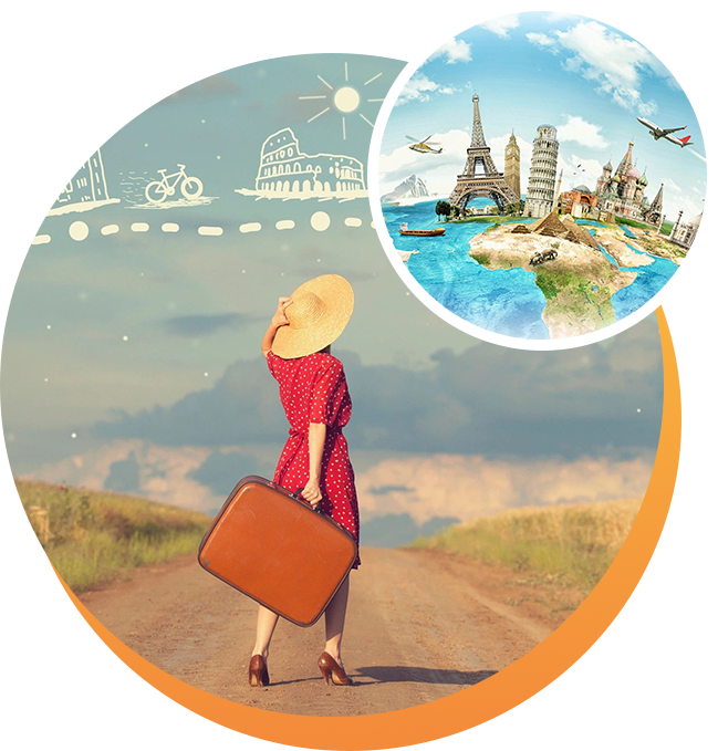 A woman in red dress holding suitcase and looking at the world.